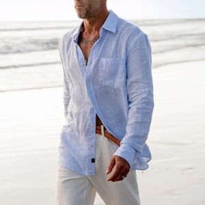 Faherty Reserve 100% Laguna Linen Shirt Button Down Relaxed Pin Stripe blue